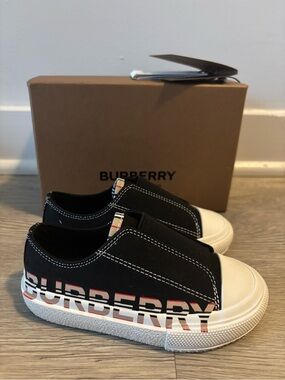 Burberry Black and White Kids Logo Slip-On Sneakers